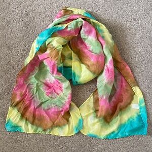 Rainbow tie-dye 100% silk scarf, 10'' x 57''.